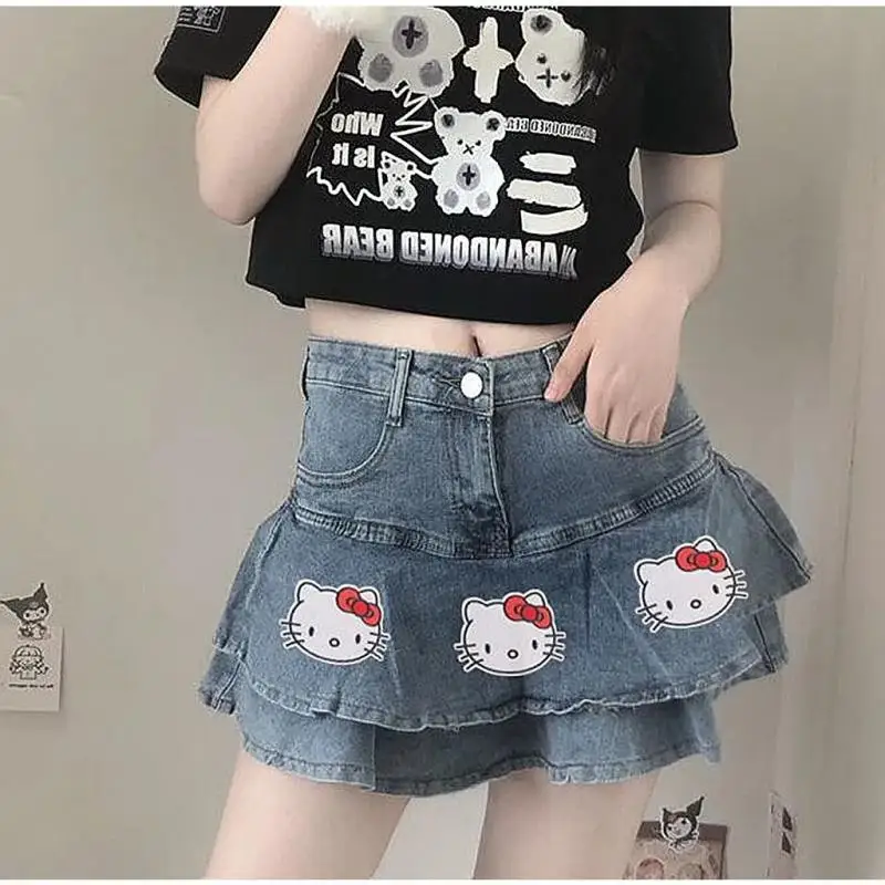 

Оригинальная юбка Hello Kitty с принтом аниме Sanrio Y2K, джинсовая юбка-трапеция для девушек, джинсовая короткая юбка в подарок