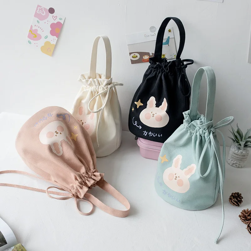 Cute drawstring lunch bags with printing lady canvas cooler bag picnic bag girls mini school storage totes casual handbag