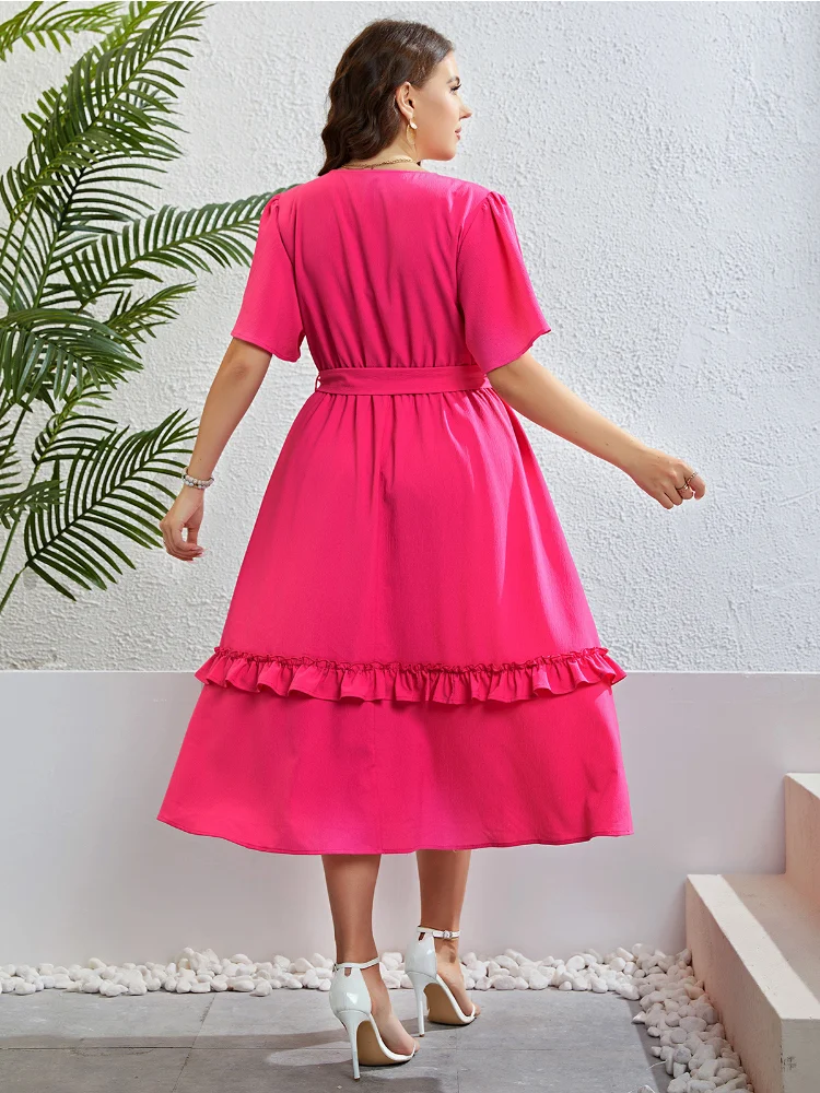 Summer rose red V-neck semi-cardigan plus size party dress elegant dresses for women