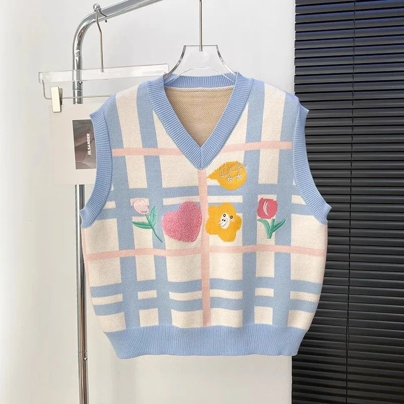 Kimotimo Kawaii вязаный жилет женский с v-образным вырезом вышивка цветок клетчатый