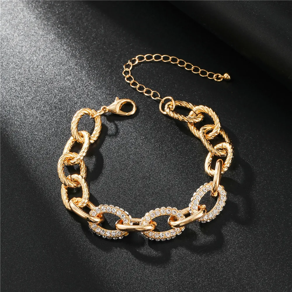 

Cool Punk Gold Crystals Charm Bracelets Bangles for Women Bridal New Fashion Jewelry Punk Curb Cuban Chain Bracelet Gift