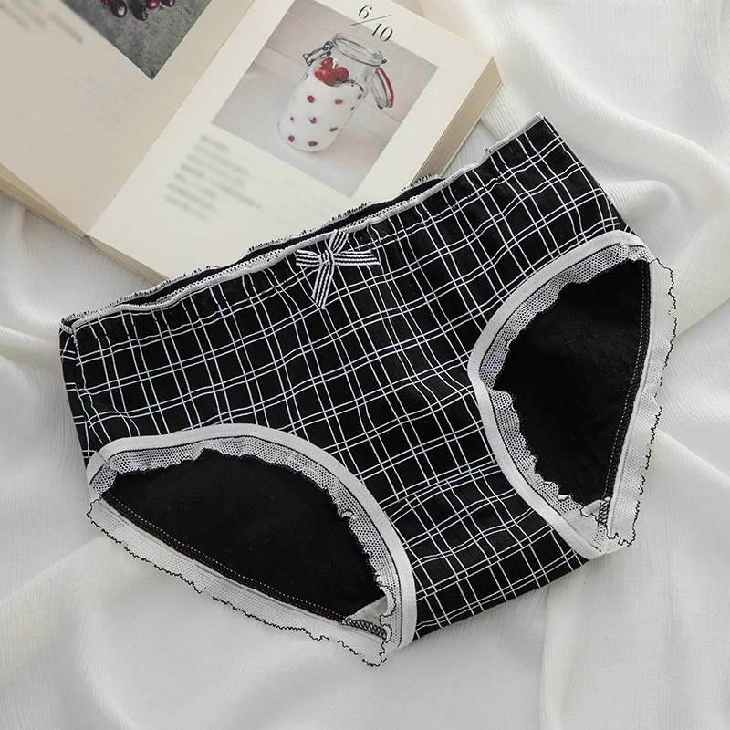 

Edges Bow Breathable Underwear Black White Plaid Women Cotton Panties Girls UnderpantsWrinkled Briefs