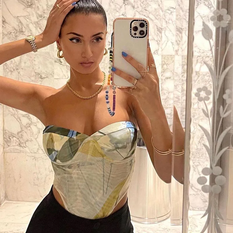 

Summer 2022 Spring Mesh Women Bodycon Crop Tank Tops V-Neck Printed Strapless Tshirt Lowcut Tees Street Sexy Party Camis