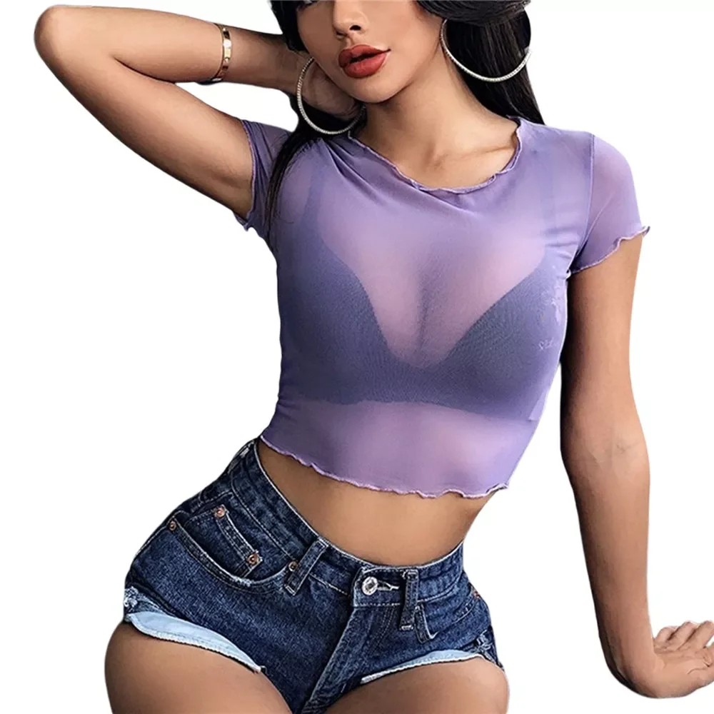 

5 Color Summer See-Through Short Sleeve Crop Top Fashion Women Mesh Sheer Lettuce Trim OOTD Mesh T-Shirt Tops 2021