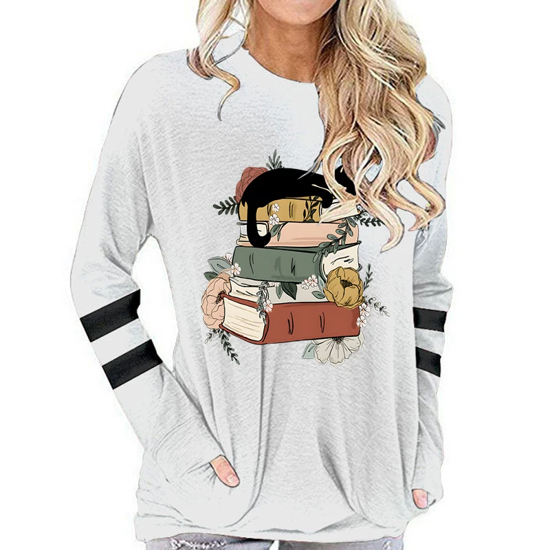 Женская хлопковая футболка с длинным рукавом Винтажная Футболка принтом кошки и