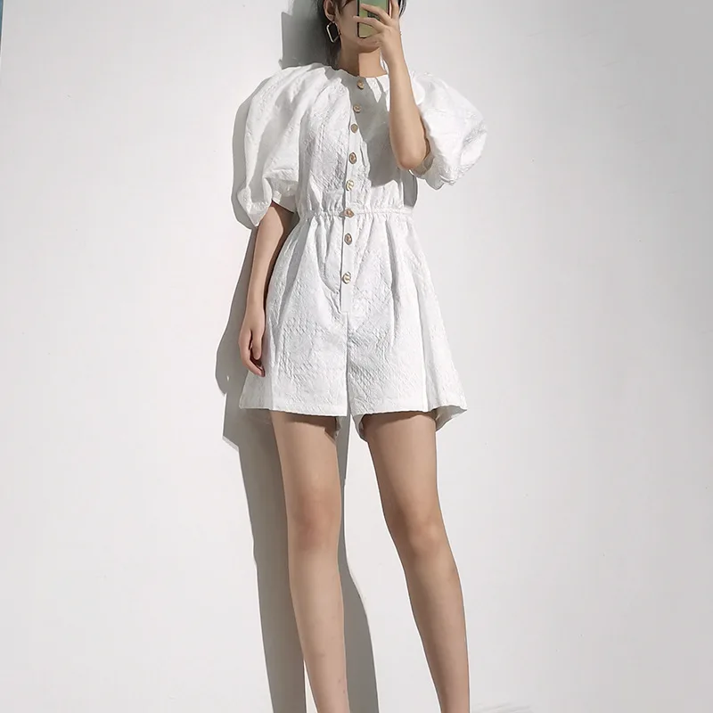 Women's Bishop Sleeve High Waisted Buttoned Rompers - Round-Neck, Loose Fit, White