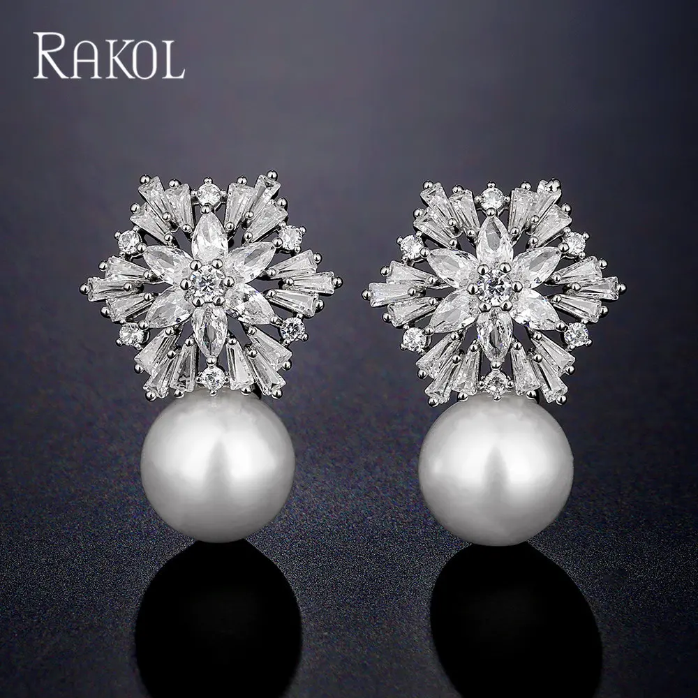 

RAKOL Imitation Pearl Drop Earring Luxury Cubic Zirconia snowflake Earrings for Women Exquisite Bridal Wedding Party Jewelry