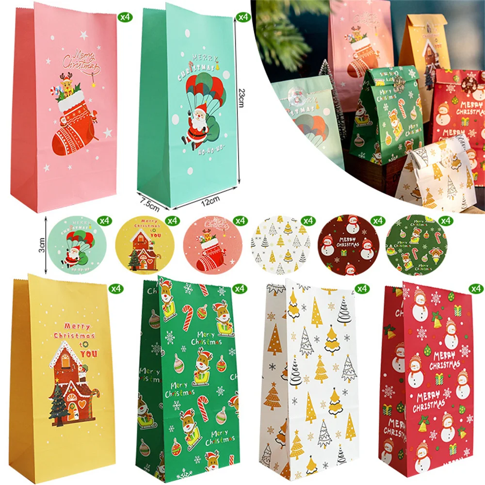 

24Pcs Christmas Kraft Paper Bags with 24Pcs Label Stickers Xmas Gift Packaging Bag Candy Cookie Pouch Favor Wrapping Supplies