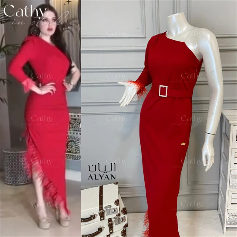 

Cathy Ostrich Hair Sleeve Party Dress Sexy One Shoulder Prom Evening Gowns Belt Evening Dresses One Sleeve Prom Dresses
