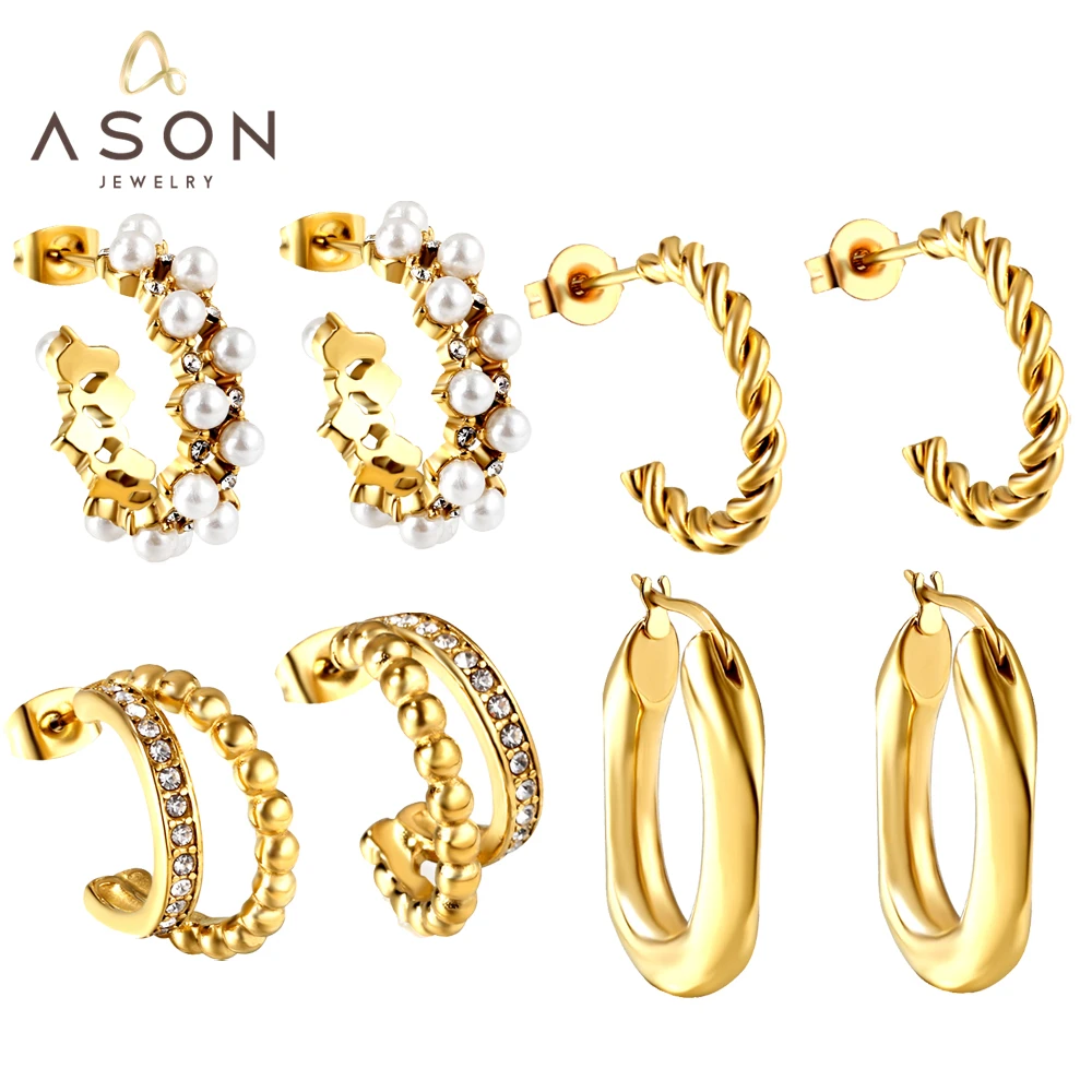 

ASONSTEEL Stainless Steel Round Hoop Earrings For Women Geometric Pearl Zircon Stud Earring Jewelry Trending 2023 Gold Color