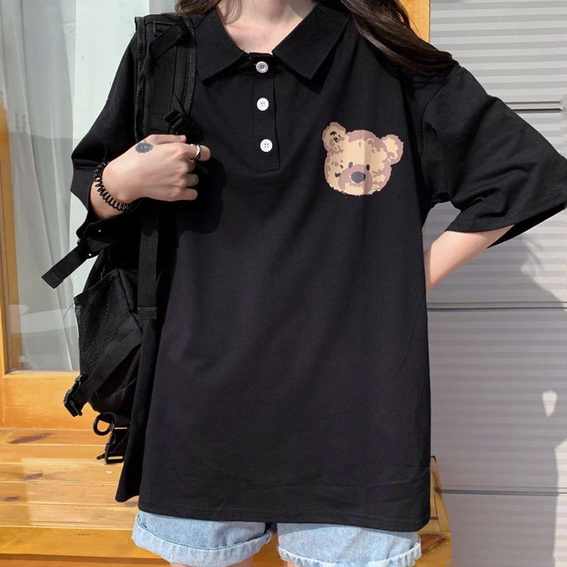 

Vintage Polo Cute Bear Short Sleeve Women T Shirts Loose Korean Fashion Popular Cartoon Anime Print Harajuku Oversized Clothing