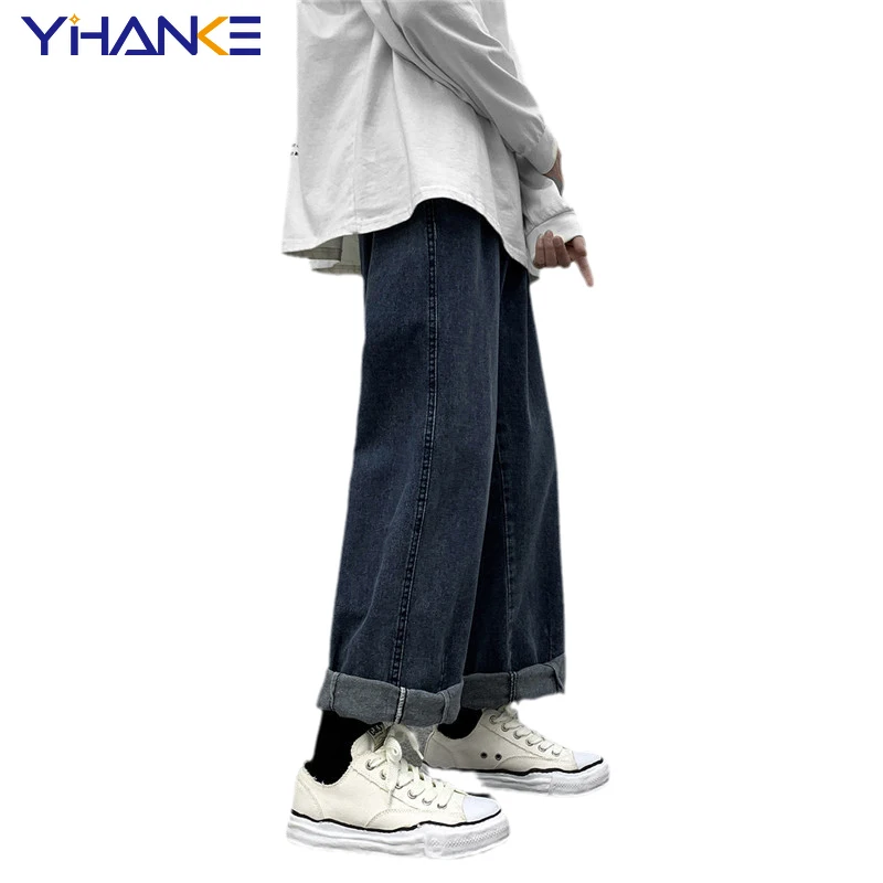 YIHANKE Men's Pants Straight Solid Color Jeans Large Size Loose Wide Leg All-match Trend Hip-hop Men's Pants Pantalones Hombre