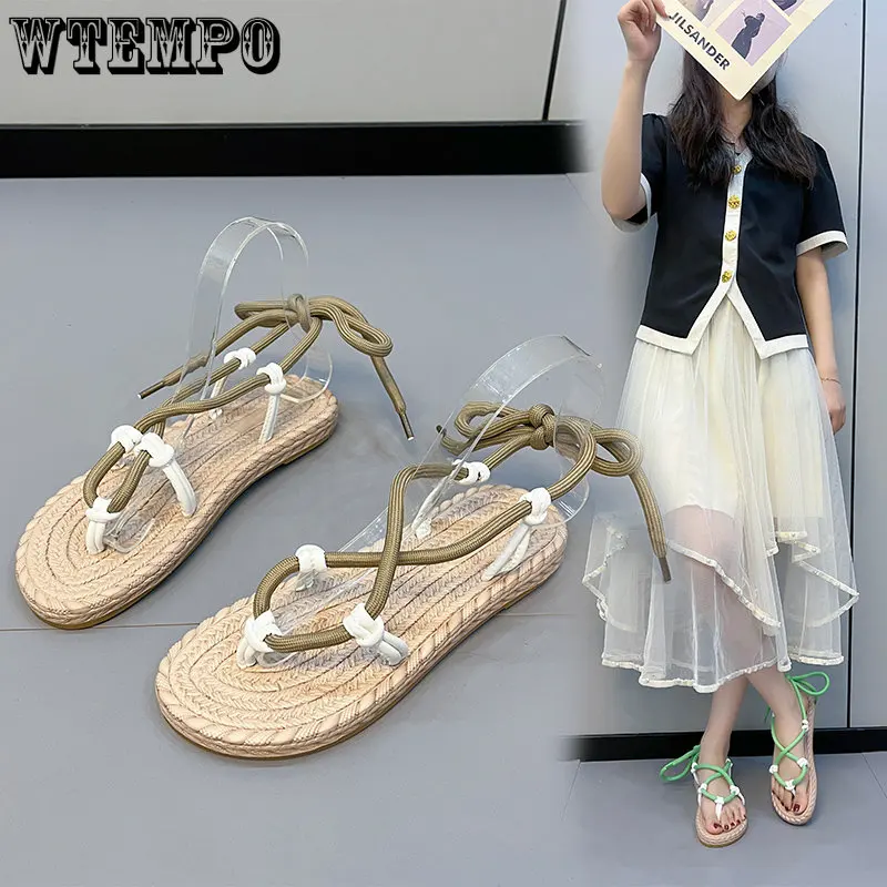 

Wtempo Women's Summer Khaki Flat Heel Lacing Clip Toe Sandals Casual Non-slip Wearable Strappy Roman Shoes Dropshipping