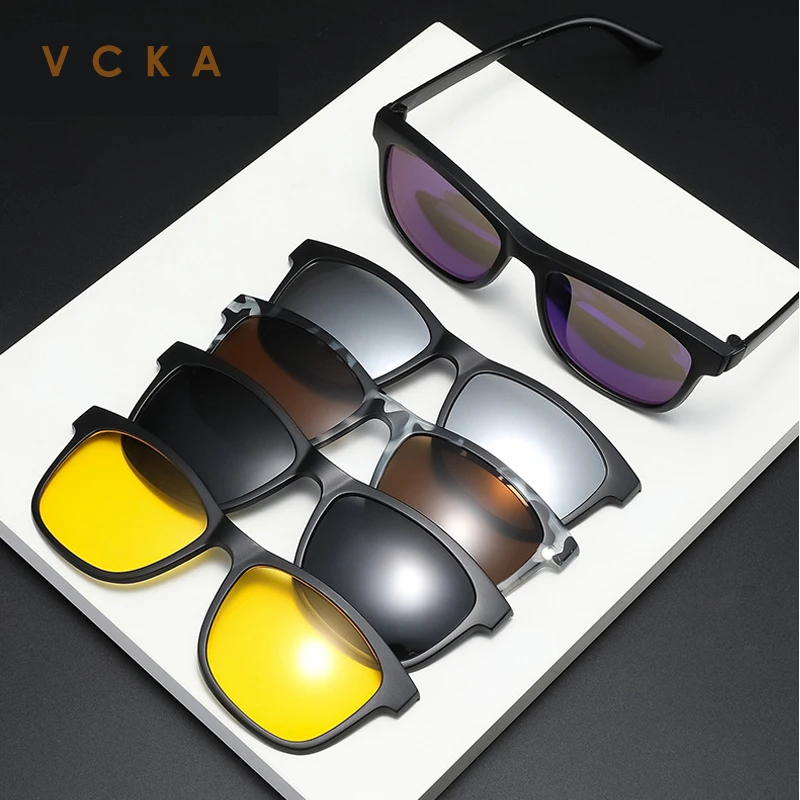 

Мужские и женские очки с поляризацией VCKA, квадратные оптические магнитные солнцезащитные очки с клипсой на магните по рецепту, индивидуальная оправа для очков для близорукости, 6 в 1