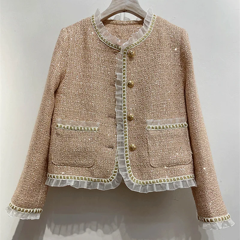 

Tweed Jacket women Sequins flash fabric spring / autumn /winter women's jacket coat classic ladies one-piece jacket 2022