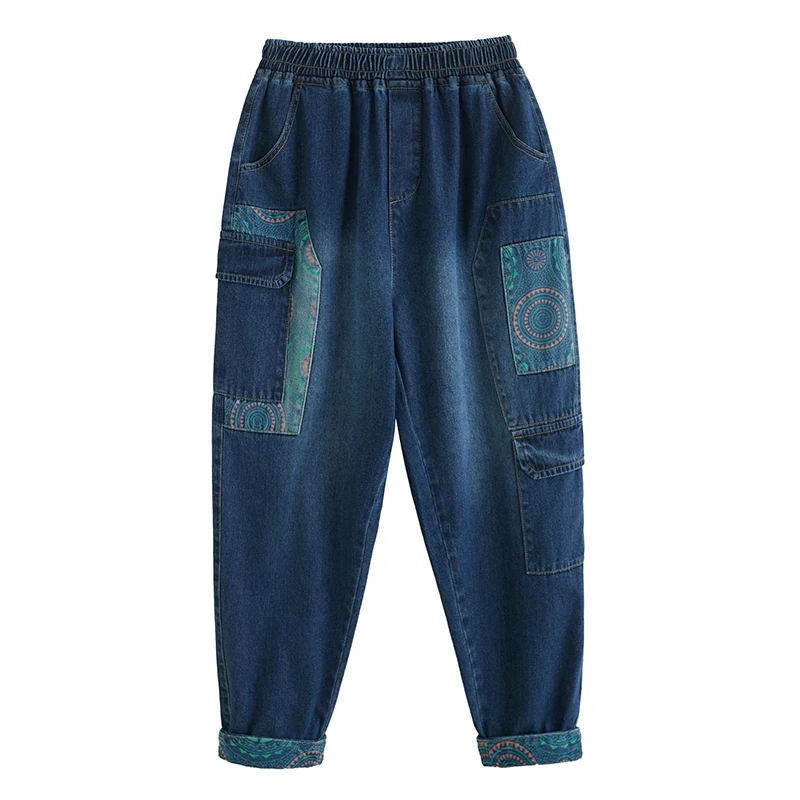 Aricaca Womens Embroidery Patch Designs Denim Trousers Ladies Loose Vintage Casual Style Harem Pants Denim Pants