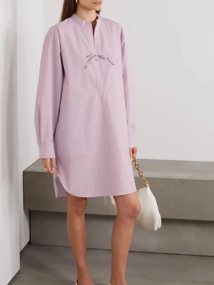 

Женское фиолетовое платье со стоячим воротником, новинка весны-лета 2023, Женская Простая прямая элегантная рубашка средней длины со шнуровкой и длинным рукавом