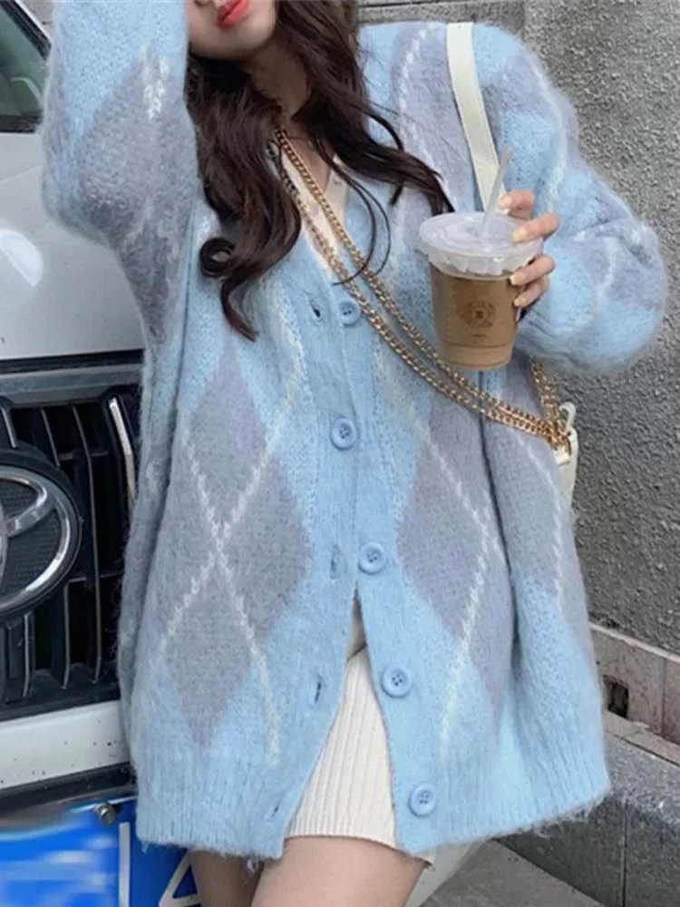 Кардиган оверсайз женские вязаные свитера Argyle зимние винтажные свободные пальто