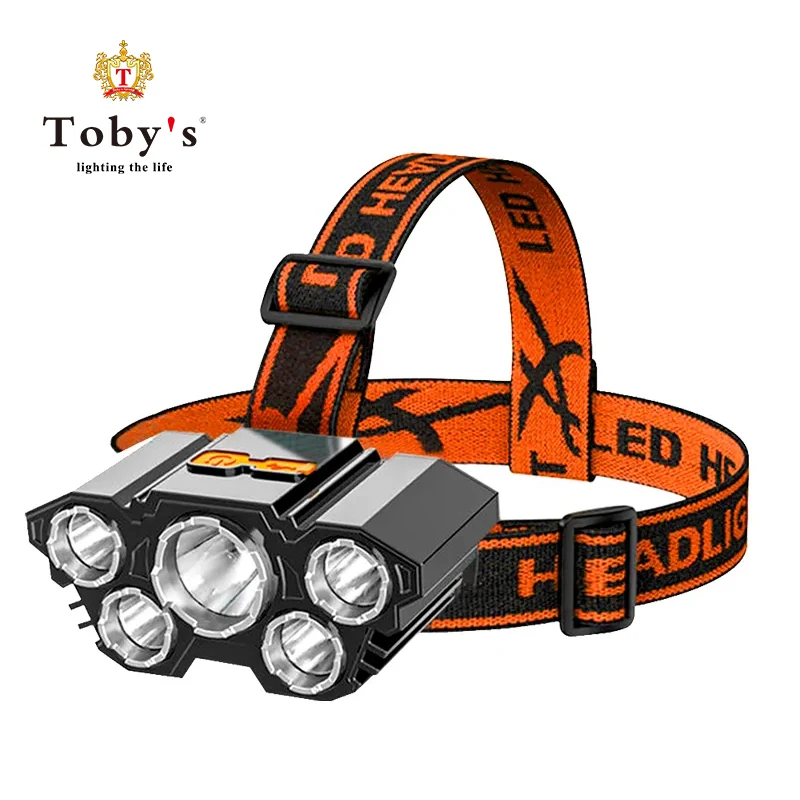 TOBYS NEW 5 Led Strong Headlight Super Bright Head-Mounted Flashlight Usb Rechargeable Built-in Battery Outdoor Night Fishing