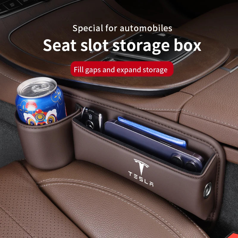 

For Tesla Model 3 Model Y Model S Model X Leather Car Seat Sewn Gap Crevice Slot Storage Box With Cup holder Auto Accessories