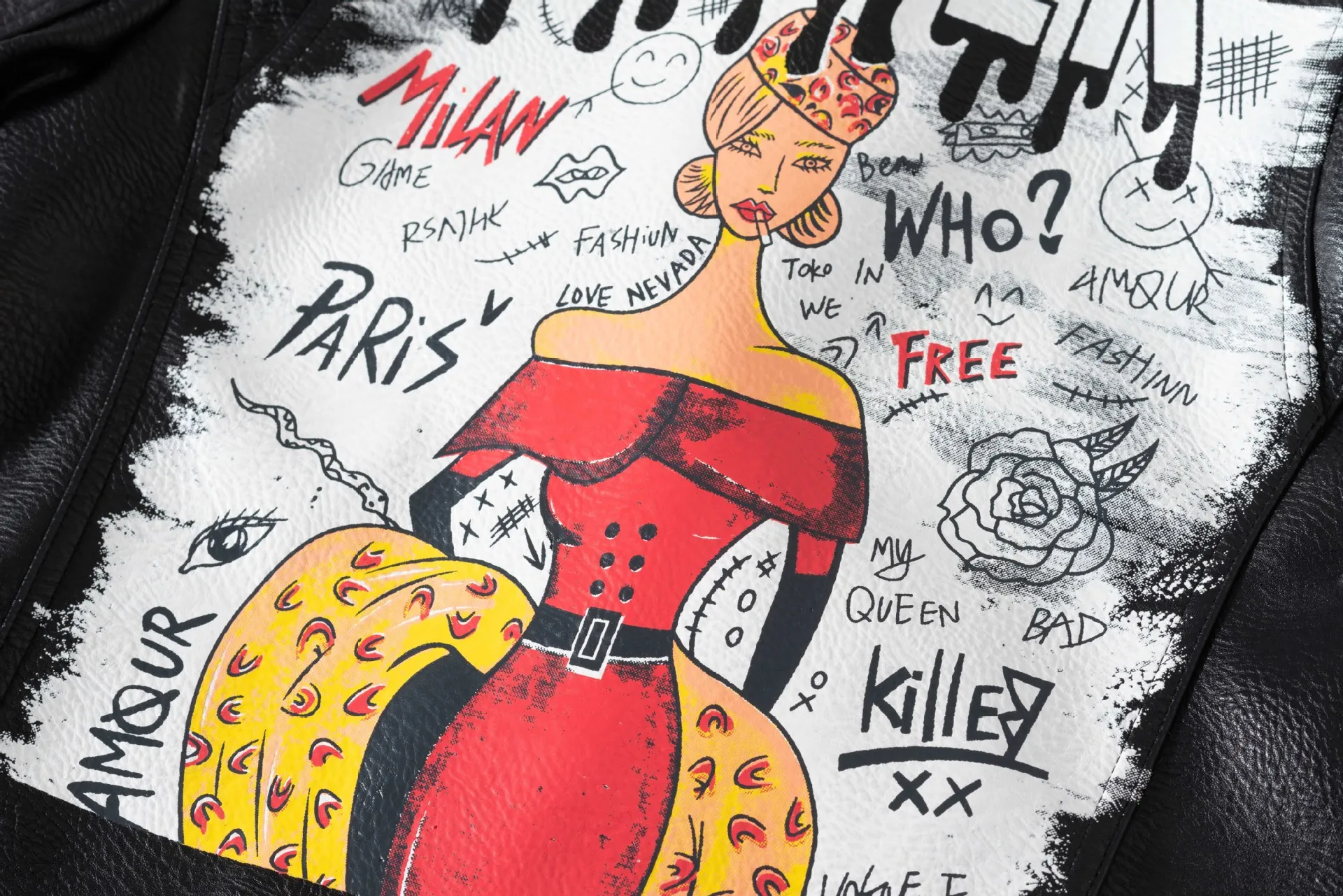 Ladies autumn and winter new hot selling street rock punk fun girl graffiti print colorblock rivet leather jacket spot