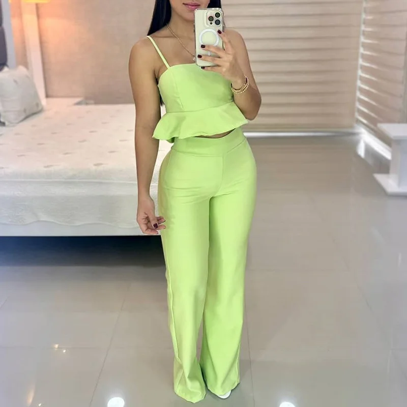 

Women 2023 Summer High Waist Long Pant Outfits Playful Female Ruffle 2Ps Set Spring Sling Off Shoulder Crop Tops Solid Suit