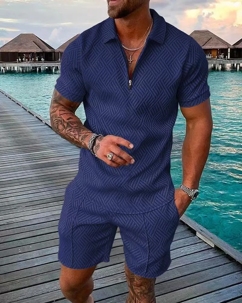 Men Polo Suit Fashion Men Sets Mesh Printed 2023 Streetwear V-neck Short Sleeve POLO Shirt + Shorts Two Pieces Men Casual Suit