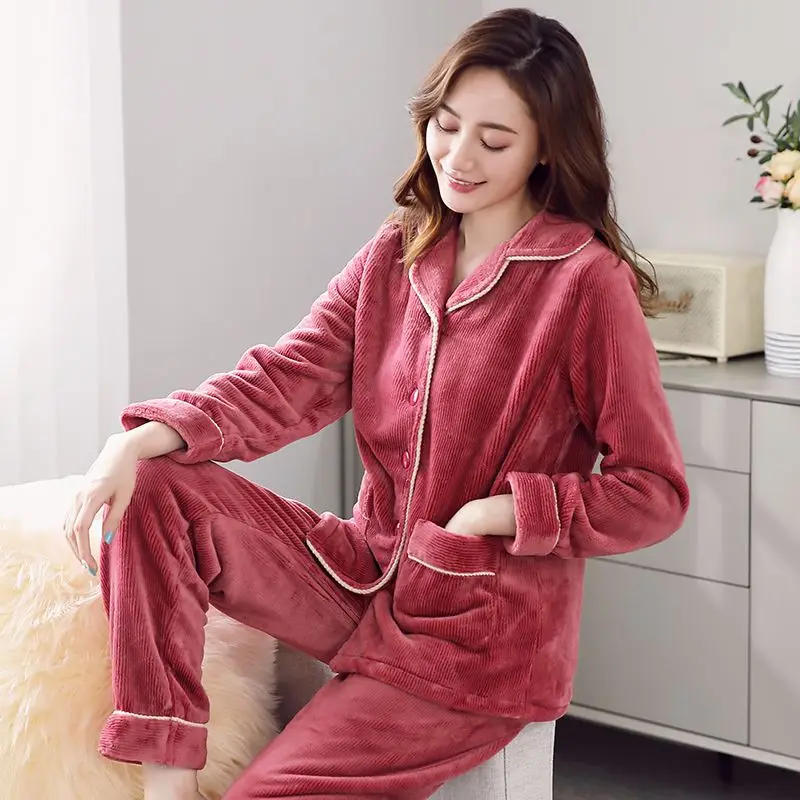 pajama sets for womens winter thicken warm long sleeve female clothes christmas nightwears woman two pieces sleepwear clothing