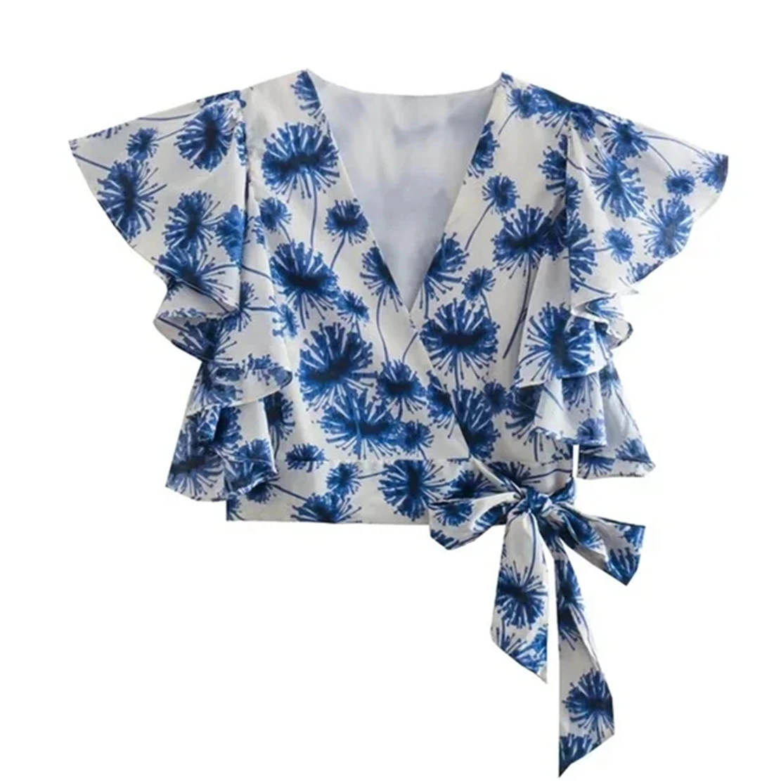 

Jenny&Dave 2022 Indie Folk Tropical Print V-neck Ruffles Flare Sleeve Short Shirts Fashion Blouse Women Tops