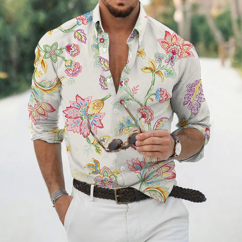 Spring and Autumn Men's Fashion Shirts Lapel Button-Up Tops Men's Casual Floral Digital Printing Long Sleeve Shirts Streetwear