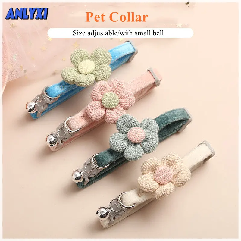 

Милый вязаный цветочный воротник-колокольчик, регулируемое ожерелье для кошек, ошейник для домашних животных, сцепляющая безопасная Пряжк...