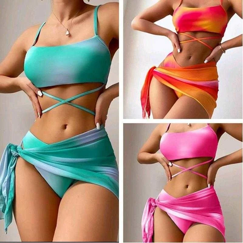 

Сексуальный женский раздельный купальник 23 Hexuan, окрашенный в завязку бикини из трех частей с принтом