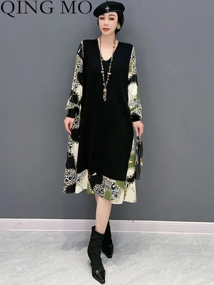 

QING MO 2023 Spring Autumn New Korean Fashion Trend V-neck Splice Shows Thin Dress Temperament Women Long Sleeve Dress ZXF1445