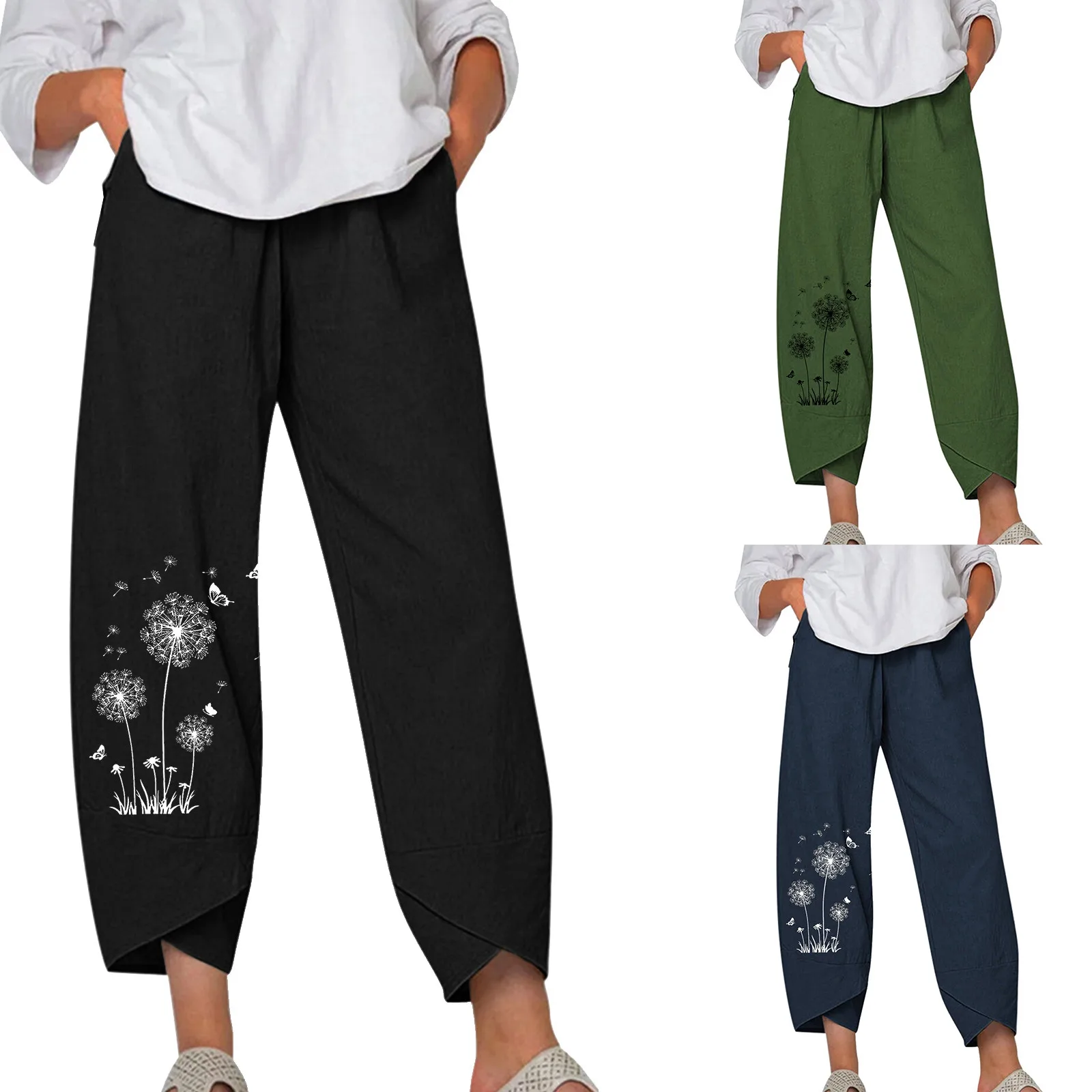 

Женские Длинные хлопковые брюки с асимметричным усадочным поясом, повседневные брюки с принтом одуванчика, женские повседневные брюки сре...