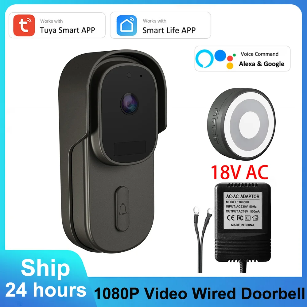 

Tuya 1080P Video WiFi 18V AC Wired Doorbell Camera 170° View Motion Detect Alexa Google Video Door Bell Chime with AC Adapter