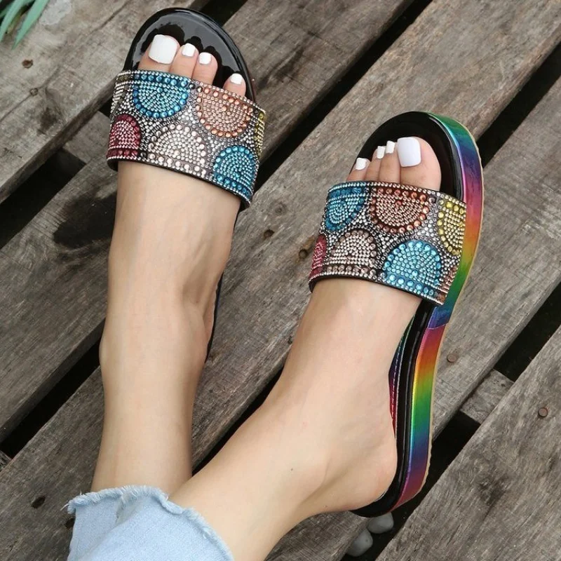 Shoes for Women 2023 Hot Sale Basic Women's Slippers Summer Rhinestone Rainbow Ladies Sandals Fashion Shiny Platform Beach Shoes
