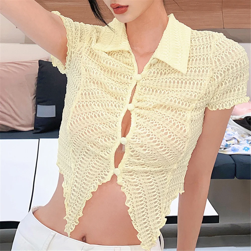 

2022 Summer Women Korean Hollow Out Crop Top Y2K Harajuku Sexy Short Sleeve Button T-Shirt Irregular Hem Slim Tees Streetwear