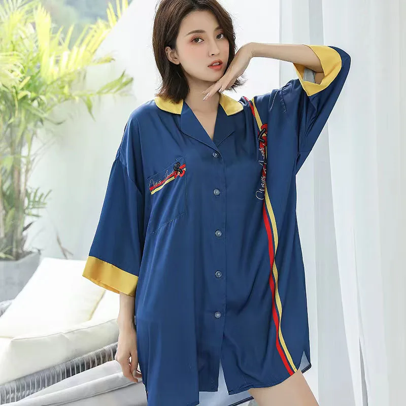 YFTNH Women Nightgown Sleepwear Nightshirts Fashion Satin Silk Soft Stripe Print Short Sleeve Mini Night Dress Summer Homewear
