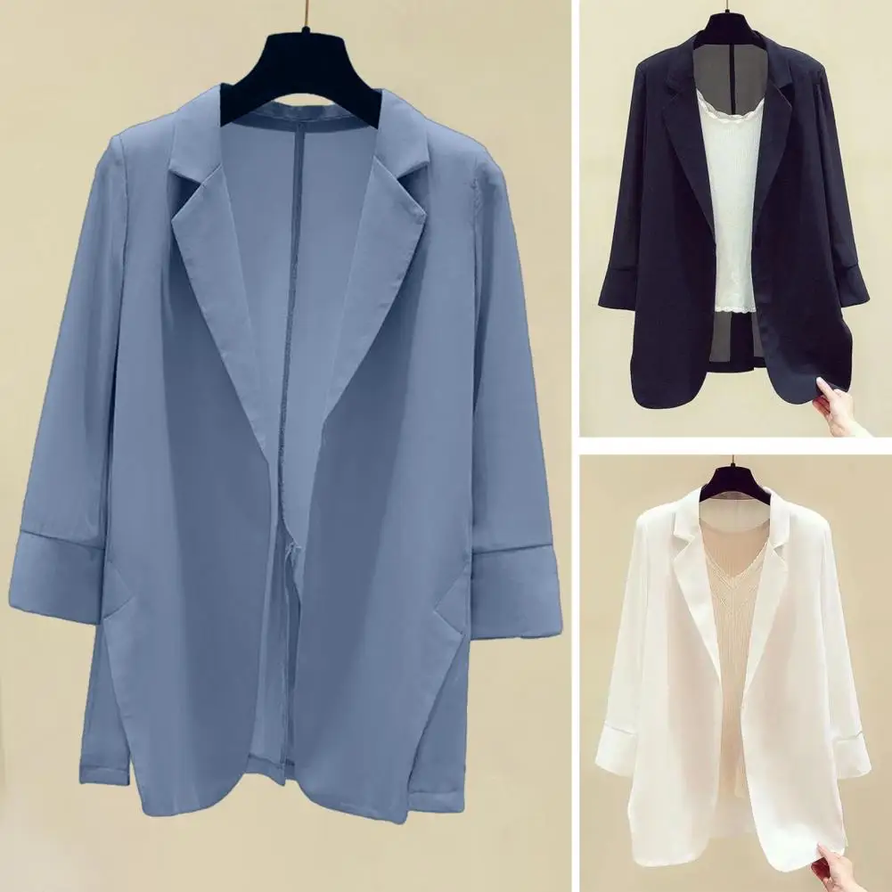 

Women Blazer OL Style Open Stitch Business Blazer Formal Solid Color Long Sleeves Mid Length Lapel Coat