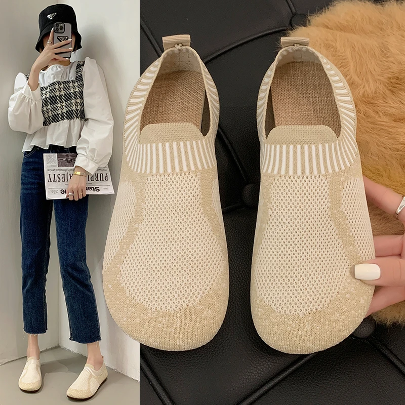 

Весенне-летние новые мягкие вязаные кроссовки, дышащие сетчатые туфли на плоской подошве, Нескользящие Туфли-носки, женские лоферы
