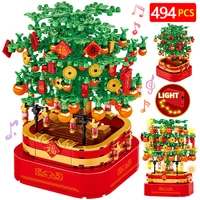 494pcs city light rotating kumquat tree music box building blocks new year potted plants bricks friends toys for kids gift