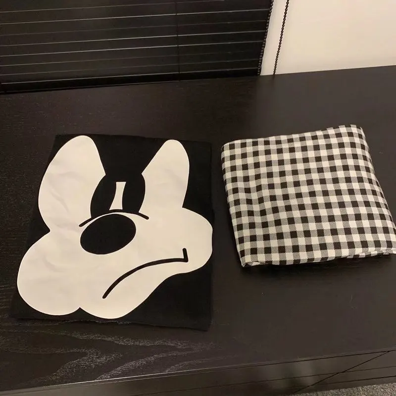 Disney Angry Mickey Mouse Sleepwear 2 Pieces Sets Womens Outfits Spring 2022 Long Sleeve Black Blouse and Plaid Pants Home Suit