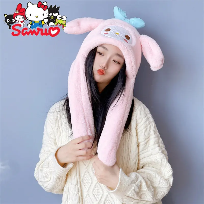 

Sanrio Ear Moving Hat Neck Kuromi Melody Pochacco All-in-one Hat Cartoon Kawaii Keep Warm Bear Student Outfit Plush Woman Hat