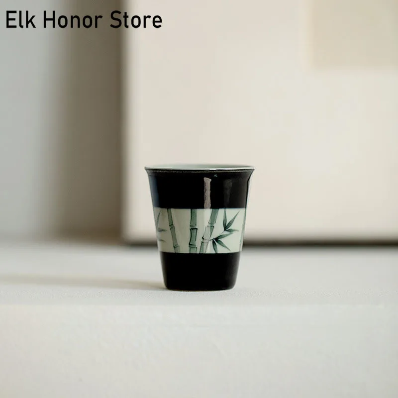 

2pc/Set Pure Hand-painted Ink Bamboo Ceramic Tea Cup Black Ground Scented Teacup Incense Cup Master Cup Drinkware Tea Set 40ml