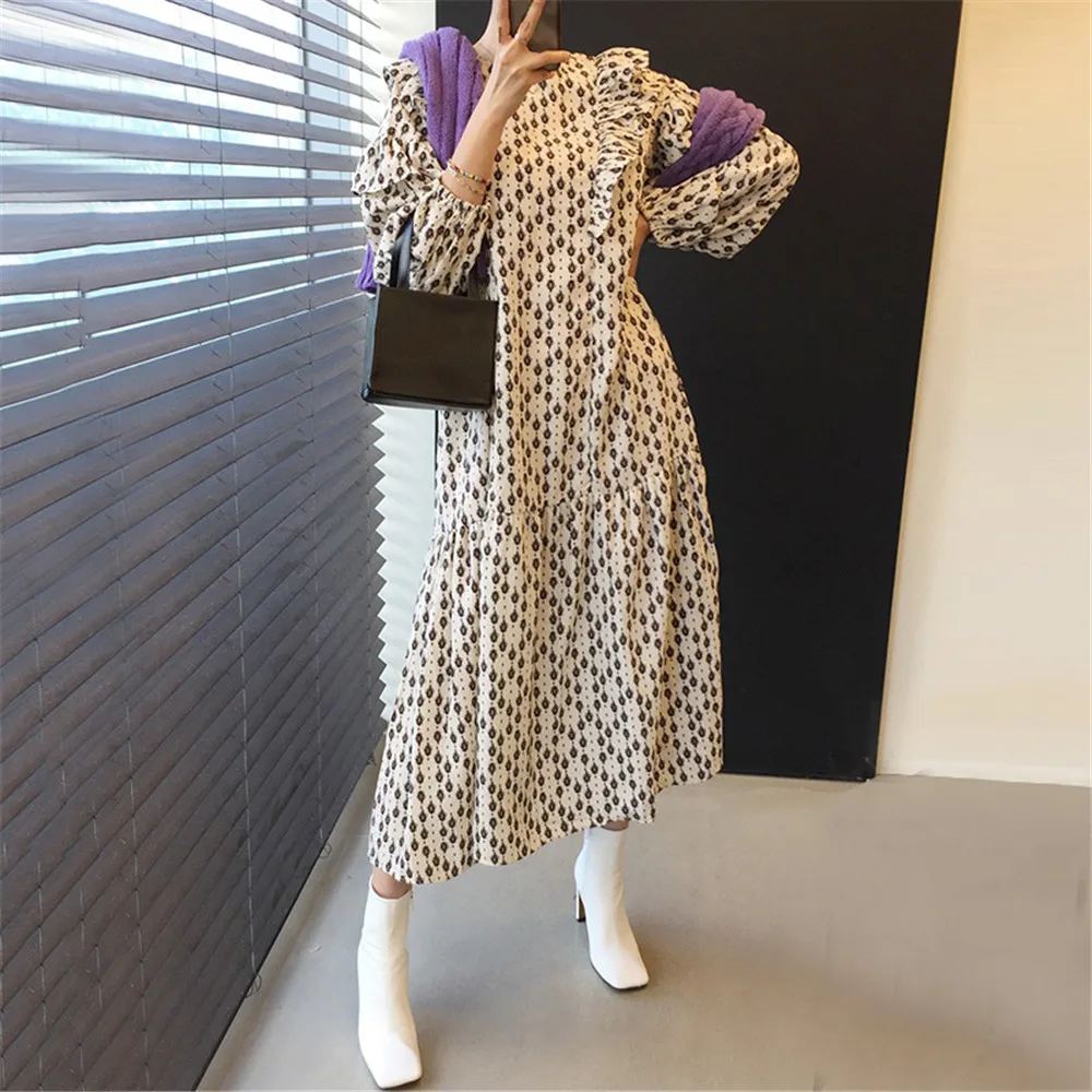 

Dresses For Women Fashion Long Sleeve Floral Printing Patchwork Round Neck Loose Korea Japan A-line Ladies Dress Simplicity