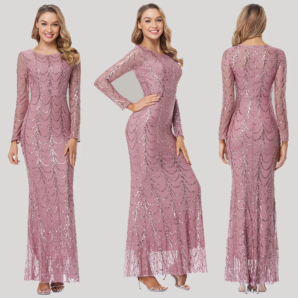 

HJQ-028#Evening Dress Long Pink Trumpet / Mermaid O-Neck Party Prom Dresses Full Sleeves Free Shipping graduation gown Sequins