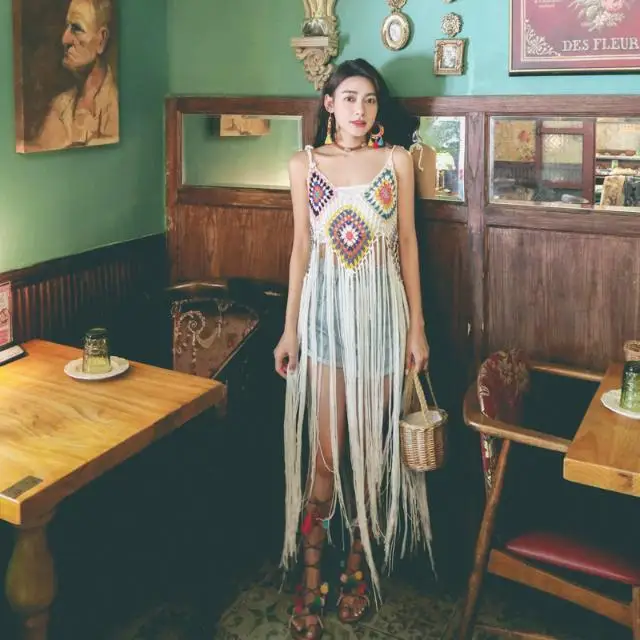 Новинка, элегантная женская блузка с бахромой, вязаная крючком накидка с кисточками, Пляжное Платье на бретельках, Одежда для пляжа, женская одежда P272