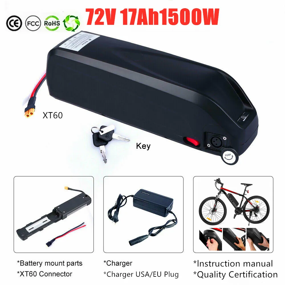 

eBike Battery 72V 12AH 15Ah 17Ah Li-ion E-Bike Battery Pack Electric Bicycle Battery fits on Down Tube for Mountain Bike 1500W