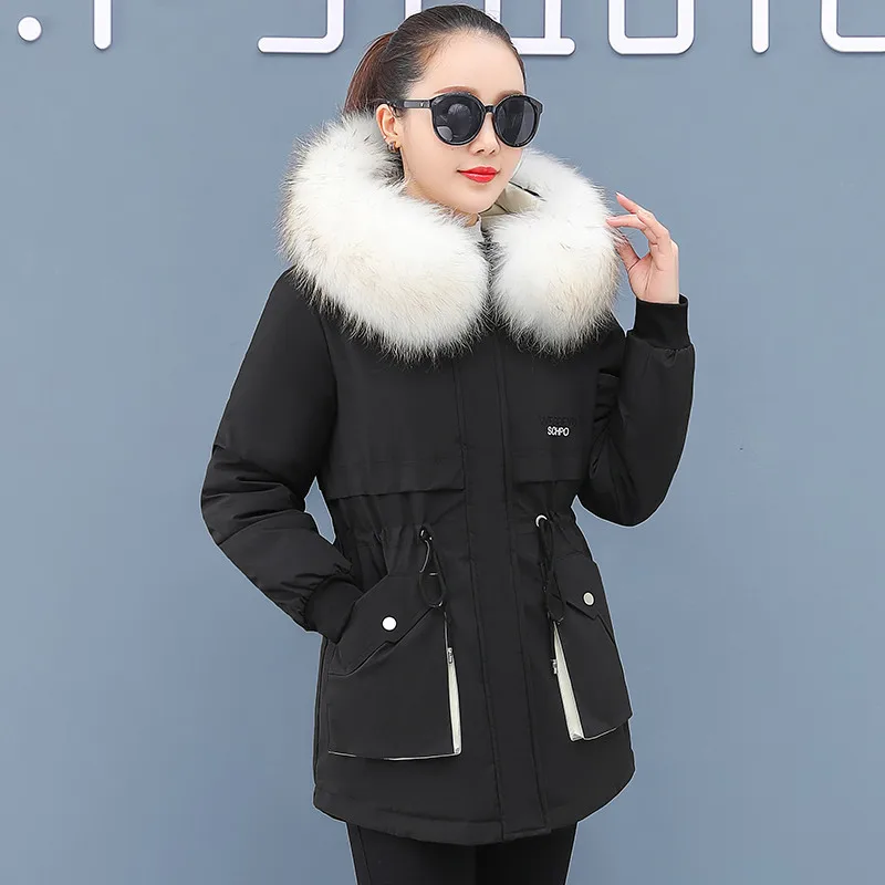 Autumn Winter New Women Parka Cotton Clothing Design Mid-length Down Jacket Plus Velvet Warm Big Fur Collar Solid Color Coats