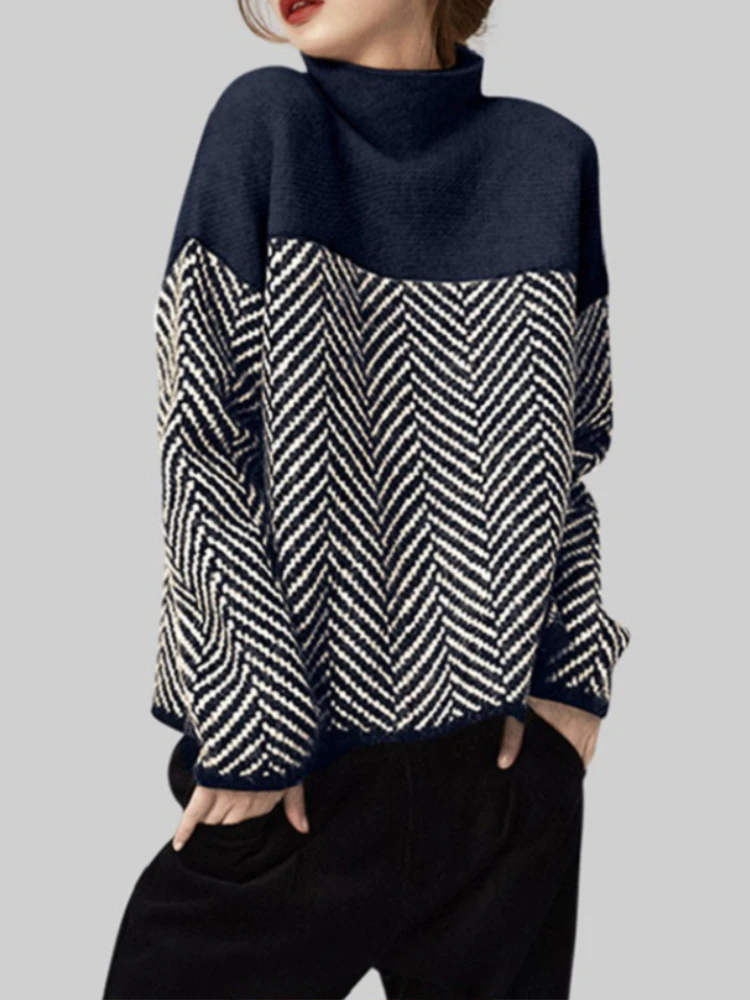 

Knitted Pullover 2023 Keep Warm Retro Semi-turtleneck Autumn Winter New Loose Sweater Office Fashion Tops Lady Sweater Women